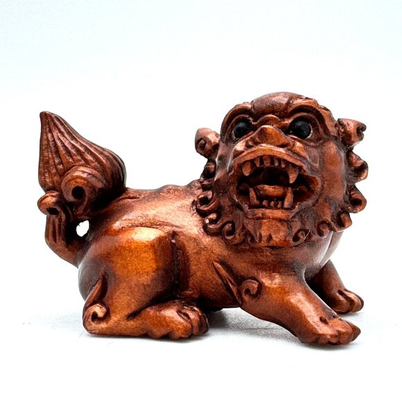 Ojime Netsuke 2 Foo Dog Lion Figurines Hand-Carved Boxwood Signed No Hole #1.2 - Picture 4 of 13